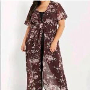 NWT Soprano Sheer Floral Bohemian Long Kimono Swim Coverup Tie Waist Plus 2X